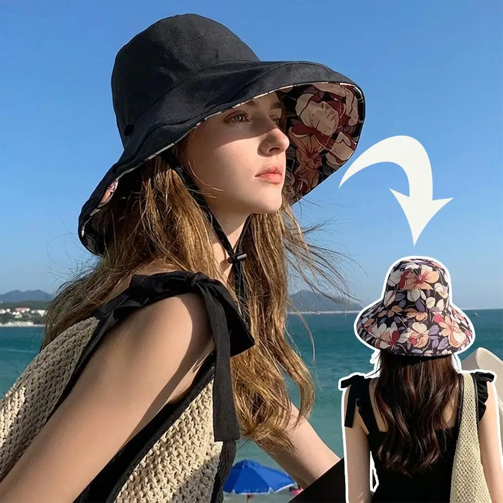 Fashion Print Women Sunshade Basin Cap Double Sided Fisherman Hat Large Brim Sun Protection Visors Beach Travel Bucket Hat