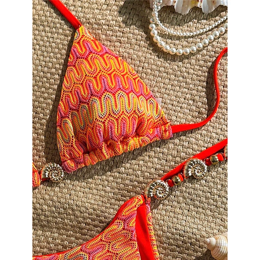Bedruckter Neckholder-Bikini, Damen-Badeanzug, zweiteiliges Bikini-Set, hoch geschnittene Beine, Badeanzug mit Trägern, Badebekleidung, Schwimmanzug V7939 – Detail 6