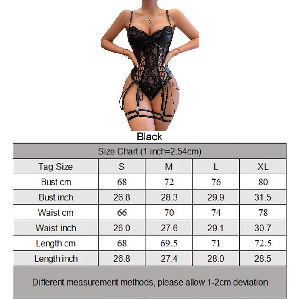 Womens New Style Sexy Suspenders Pajamas Fishnet PU Leather Hollow Jumpsuit