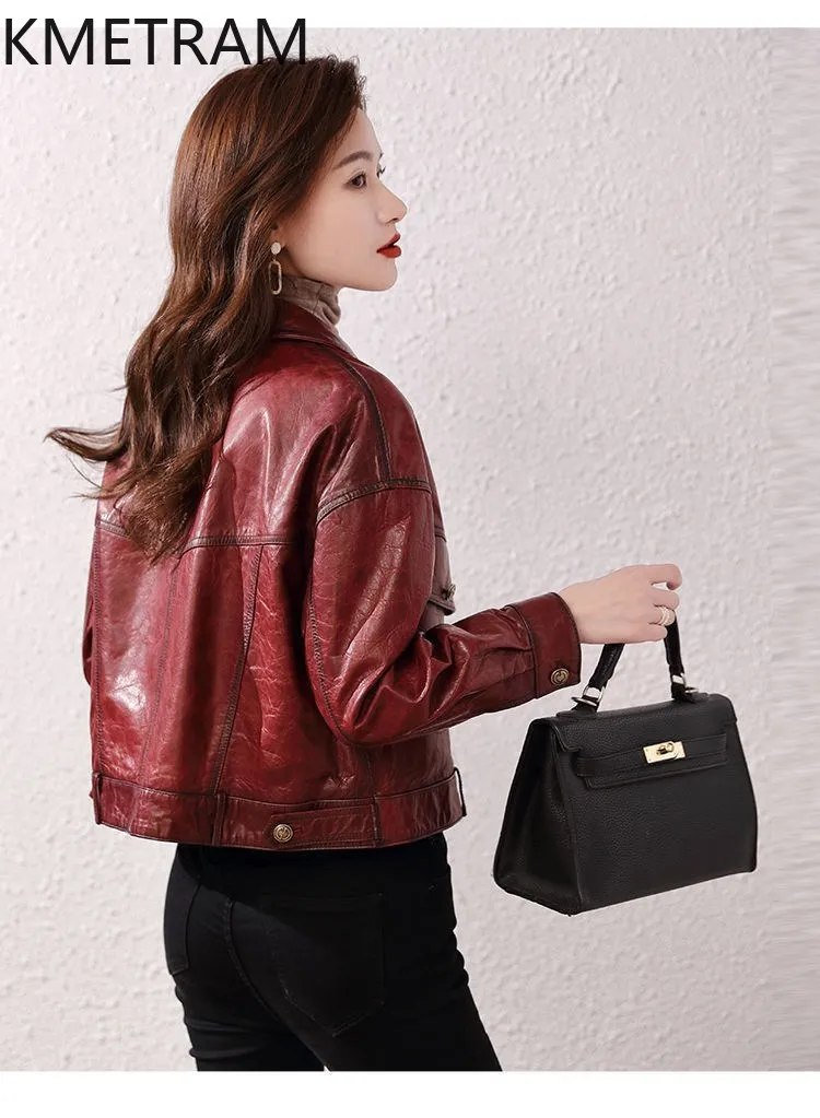 100% echte koeienhuid jas vrouw korte mode bordeaux lederen jassen nieuw in bovenkleding herfstkleding 2025 dames mbaб::ка