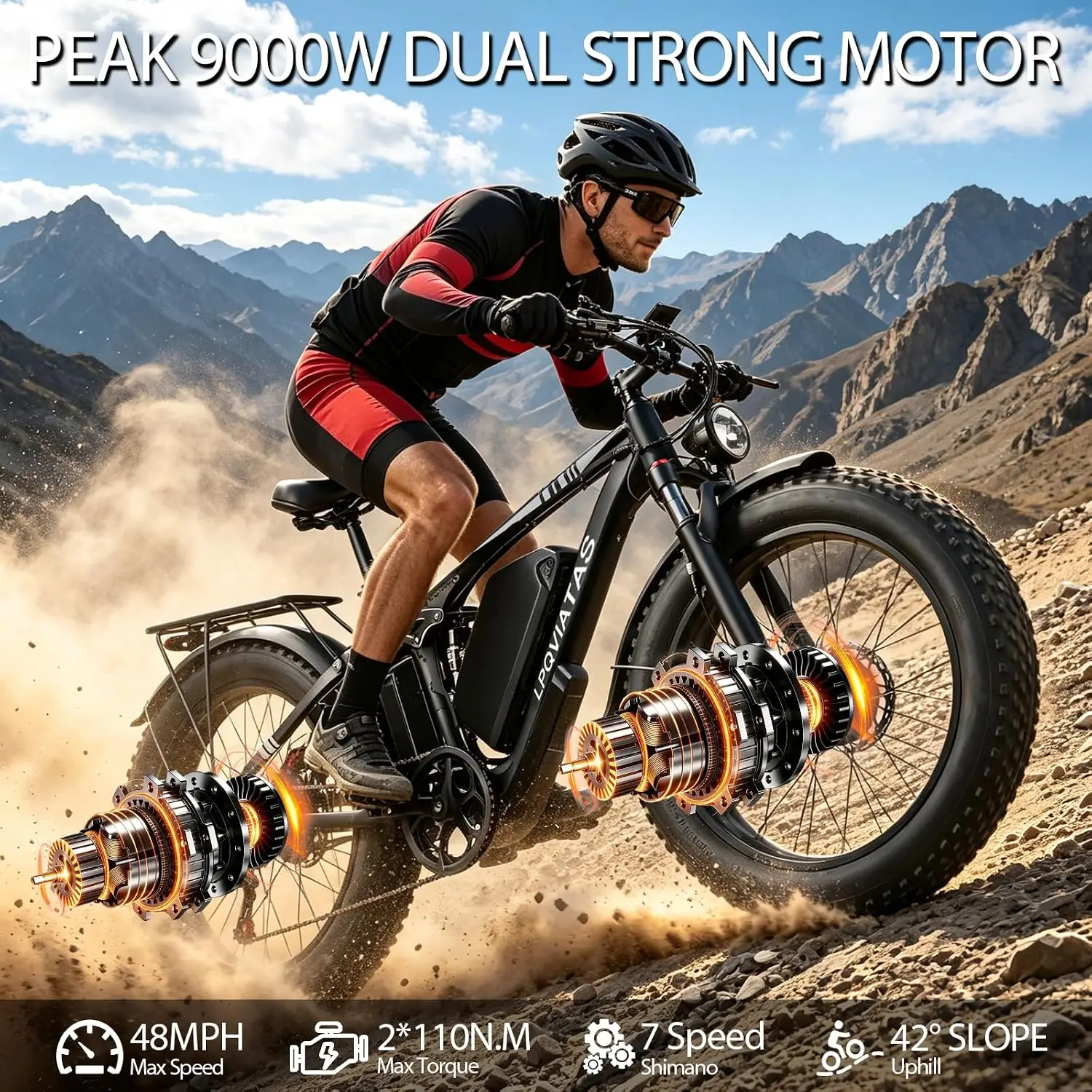 9000W Peak Dual Motor Ebike Adults 58V 34Ah 48MPH 105Mi Range Off-Road Electric Bicycle, Customized