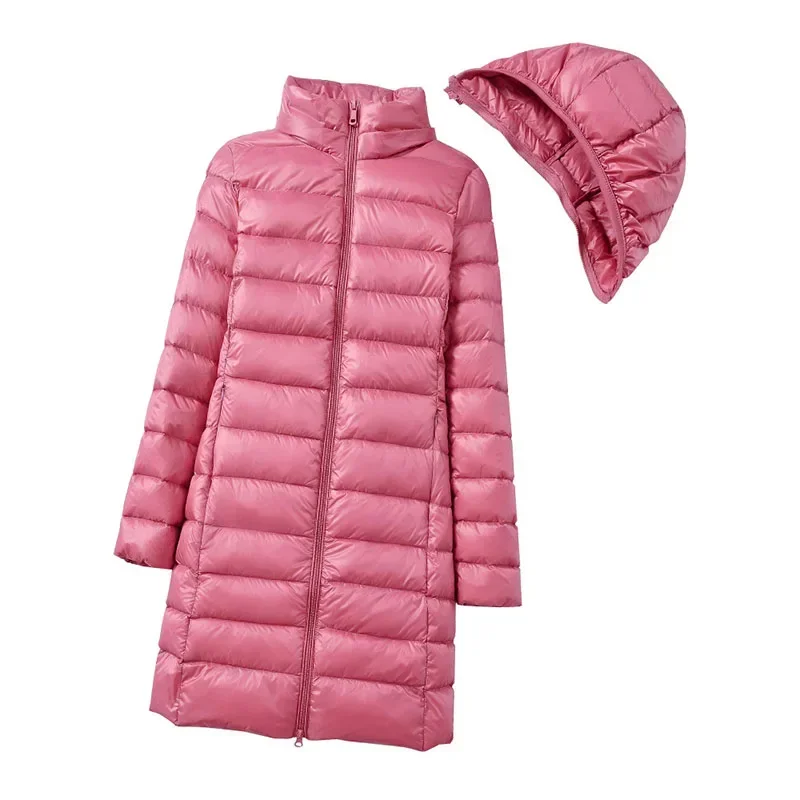 Winter Women Slim Down Coats Remove Hooded Parka Solid Color Female Long Light Thin Outerwear Lady Fashion Warm Puffer Jackets