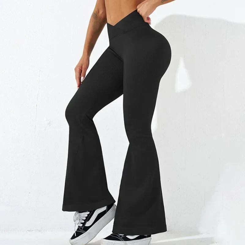 Sexy Slim Flared Pants Cross Waist Legging Women Seamless Gym Running Cycling Knit Yoga Stretch Butt Lift High Waist Pants