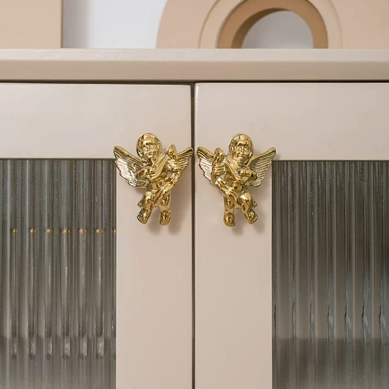 Brass French Retro European Little Angel Handle Wardrobe Door Cabinet Titanium Gold Single Hole Small Handle