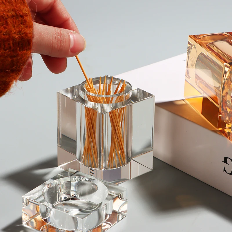 Amber Clear Glass Toothpick Box Square Crystal Glass Toothpick Holder with Lid Simple Home Cotton Swab Box Hotel Storage Jar