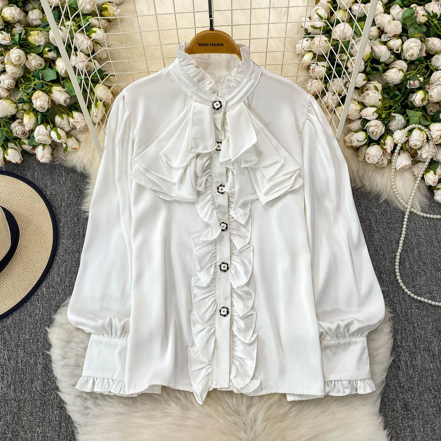 Ele Long Sve Satin Feel irt Dames Loose Fit Button-up Opstaande Kraag Top Anti-rimpel Comfortabel Koreaans Sle