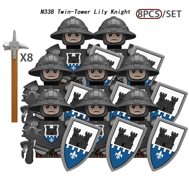 MOC Mittelalterliche Burgturm-Ritterfiguren Bausteine Waffen Schild Schwert Helme Rüstung Weste Hirsch Soldaten Armee Bausteine Spielzeug