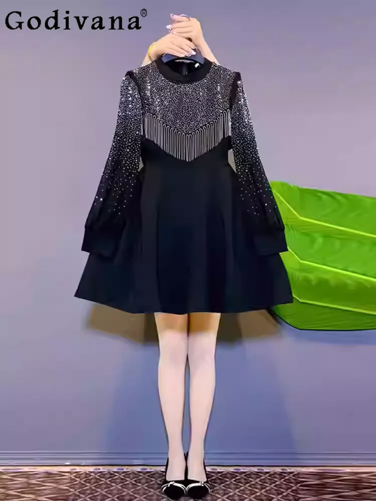 

Korean Large-size Women Splicing Hot Diamond Long-sleeved Black Dress Autumn Elegant Fringed Round Neck Fashion Party Dresses