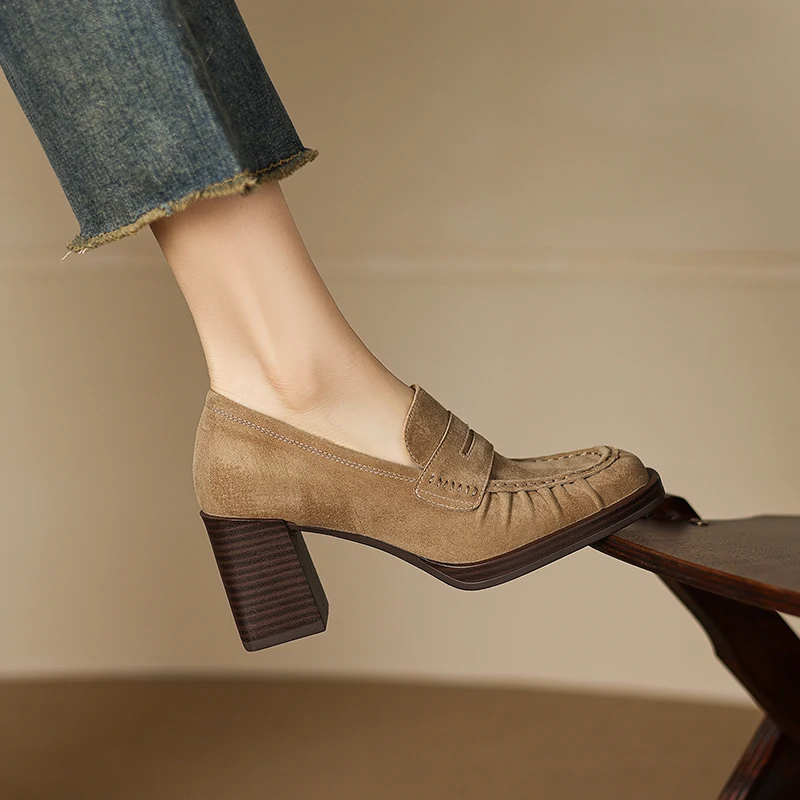 2026 New Natural Cow Suede High Heels Loafers Women Pleated Slip on Footwear for Female Autumn Daily Shoes Real Leather Pumps