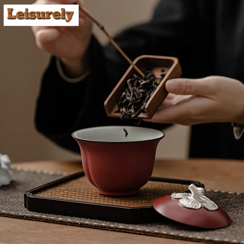 160ml Handmade Zhiye Braised Ceramic Gaiwan Persimmon Red Ruyi Tea Tureen Household Tea Making Cover Bowl Tea Services Craft