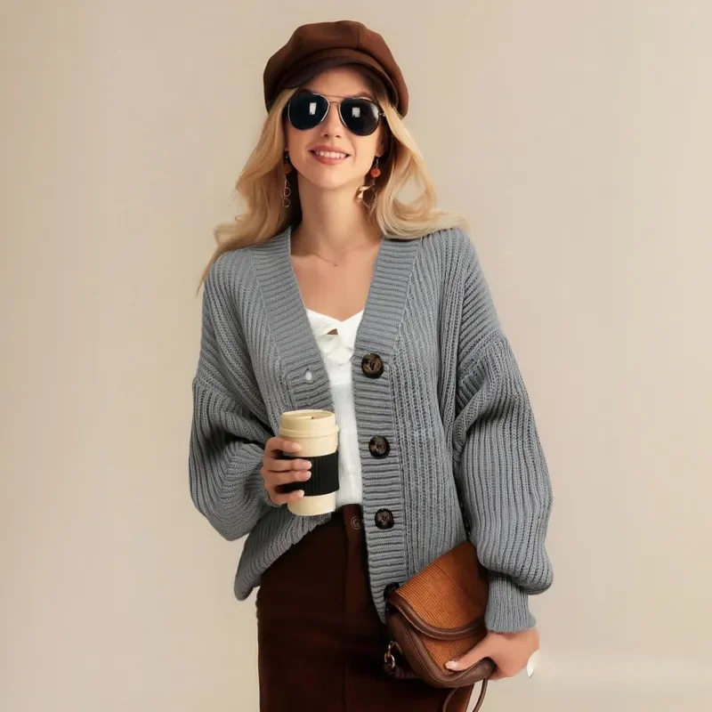 

Autumn Winter Grey Loose Fit Casual Knitted Sweater Coat Korean Fshion Lantern Sleeves V-neck Simple Button Women's Cardigan