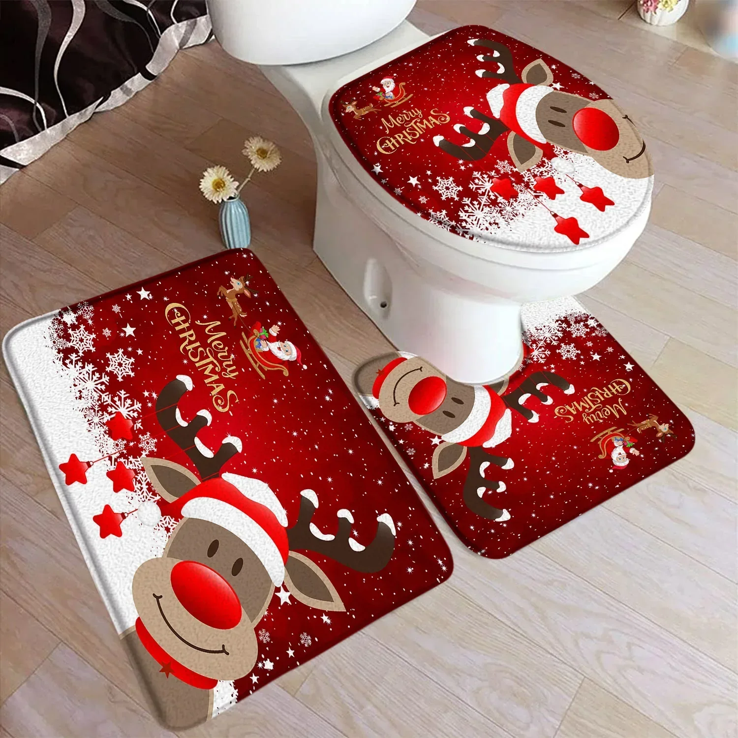 Cute Snowman Christmas Bath Mat Set White Snowflake Red New Year Xmas Carpet Home Bathroom Decoration Floor Rug Toilet Lid Cover