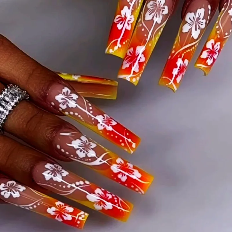 24 pçs flor imprensa em unhas gradiente laranja unhas falsas com cola outono e inverno extra longo artificial francês barato unhas