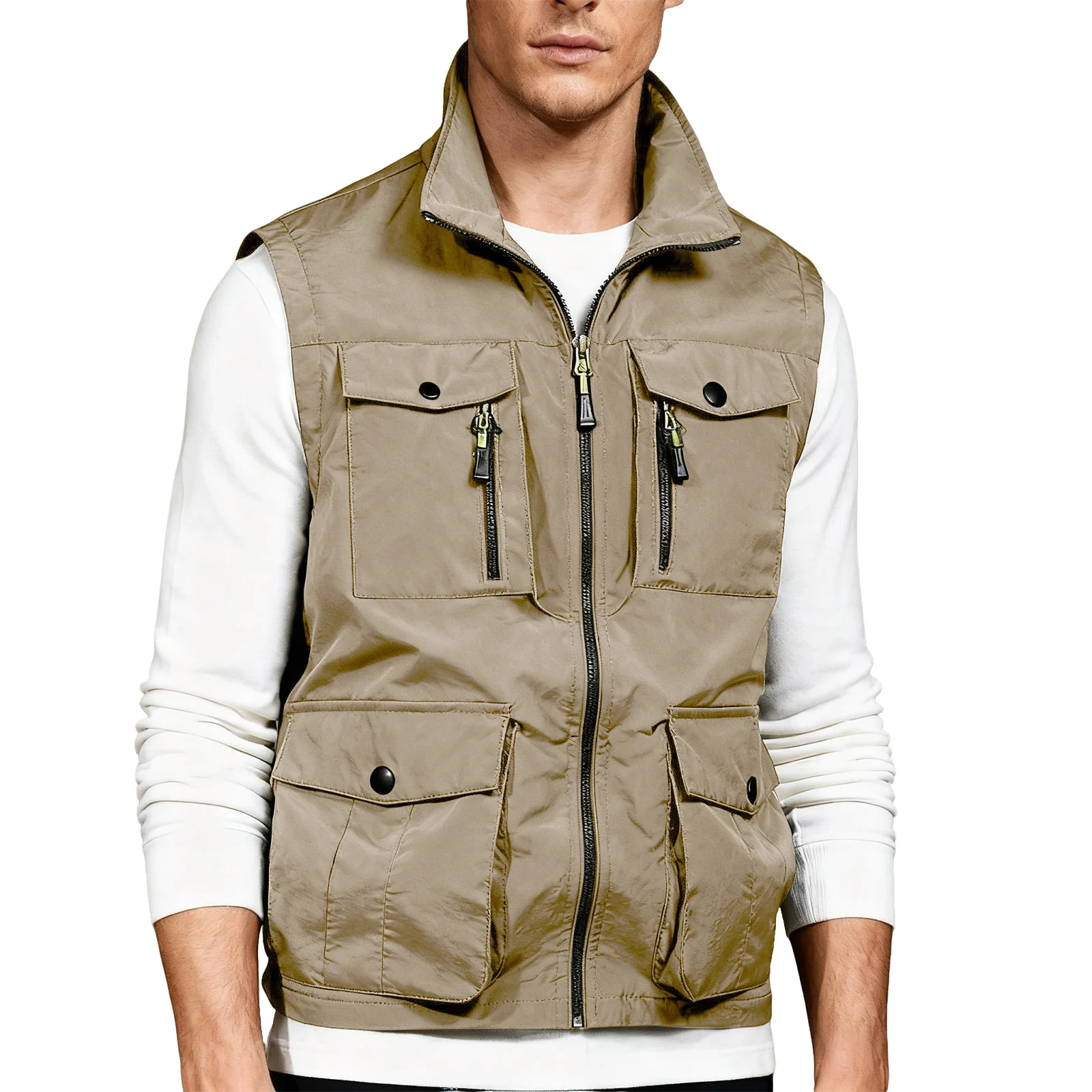 

Spring And Autumn Men'S Outdoor Multi Pocket Solid Color Zipper Lapel Vest Suitable For Casual Daily Wear