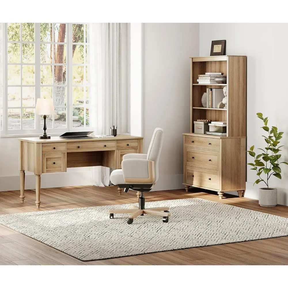 

56 Executive Desk with Charging, 72 Tall Bookcase, Wood Desk with File Cabinet, Oak