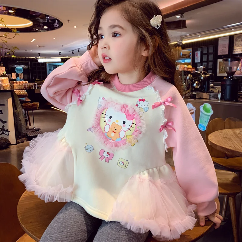 HelloKitty سترة مبطنة بالصوف 2025 جديد الشتاء الأطفال الكورية نمط الكرتون راجلان كم الفتيات شبكة المرقعة البلوز