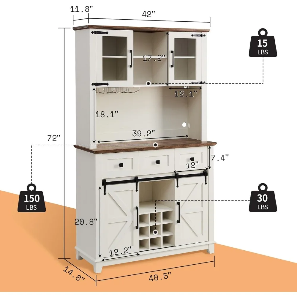 Armadietto da bar per caffè e vino in stile fattoria 72 con anta scorrevole per fienile, portaoggetti per buffet da cucina, 3 cassetti, illuminazione a LED