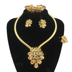 Luxury Design Gold Color Jewelry Set For Women Quality Trending Necklace Earrings Bracelet And Ring Wedding Party FHK19487
