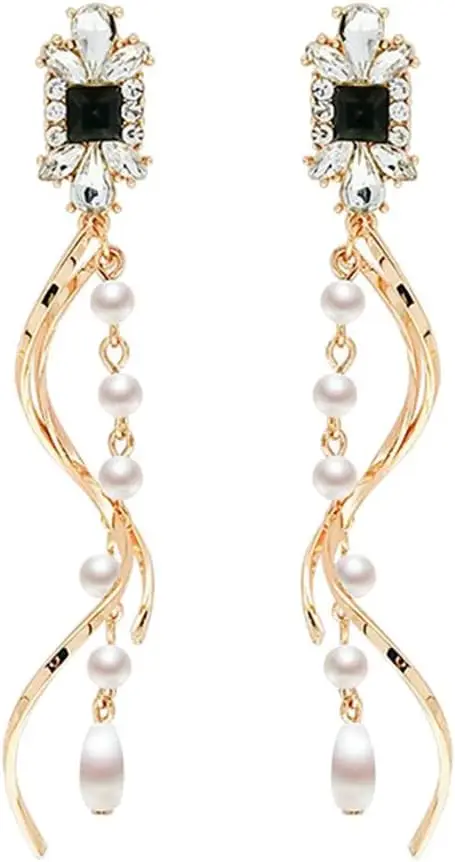 Earrings for Women Mom Fashion Rhinestone Twist Faux Pearl Tassel Long Dangle Women Stud Earrings Gift Statement Jewelry