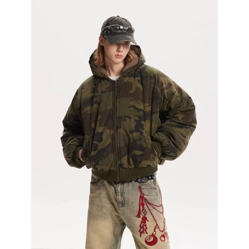 เสื้อแจ็คเก็ตมีฮู้ดลายพรางผู้ชาย, เสื้อโค้ทฤดูหนาว/ฤดูใบไม้ร่วงที่อบอุ่นกันลม, เสื้อโค้ทไฮสตรีทย้อนยุคสำหรับผู้ชาย