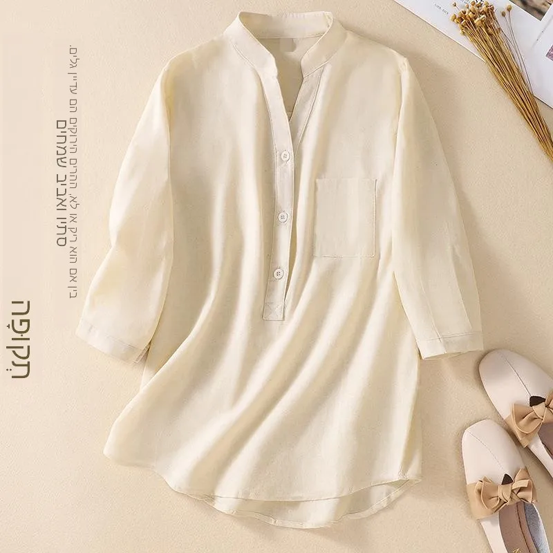 

Women's Cotton Linen Shirt Mid-Sleeve Vintage Style Top Not Deformable Summer Fashion Ladies' Premium Clothing