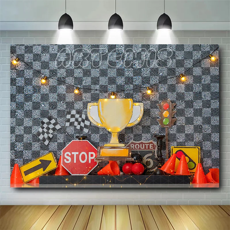 Racing Need for Speed Photo Background Boy Birthday Cake Smash Photography Backdrop Dried Flower Trophy Cool Photo Studio Props