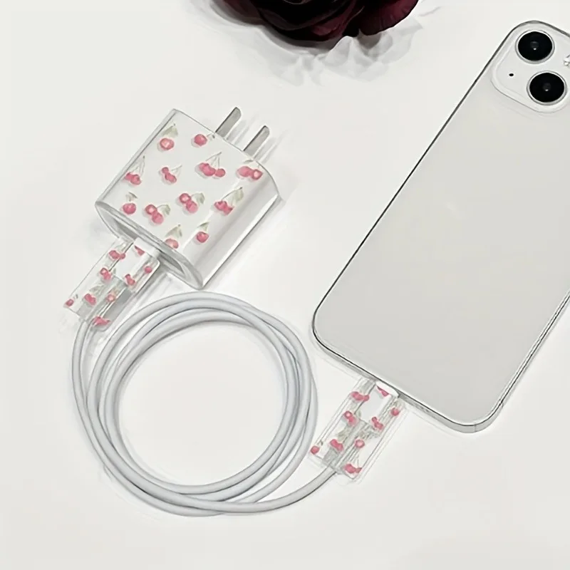 US Charger Protection Cover for iPhone, Cute Cherry USB Cable Winder, Protector Shell Case for Apple 12, 13, 11 Pro Max, 20W