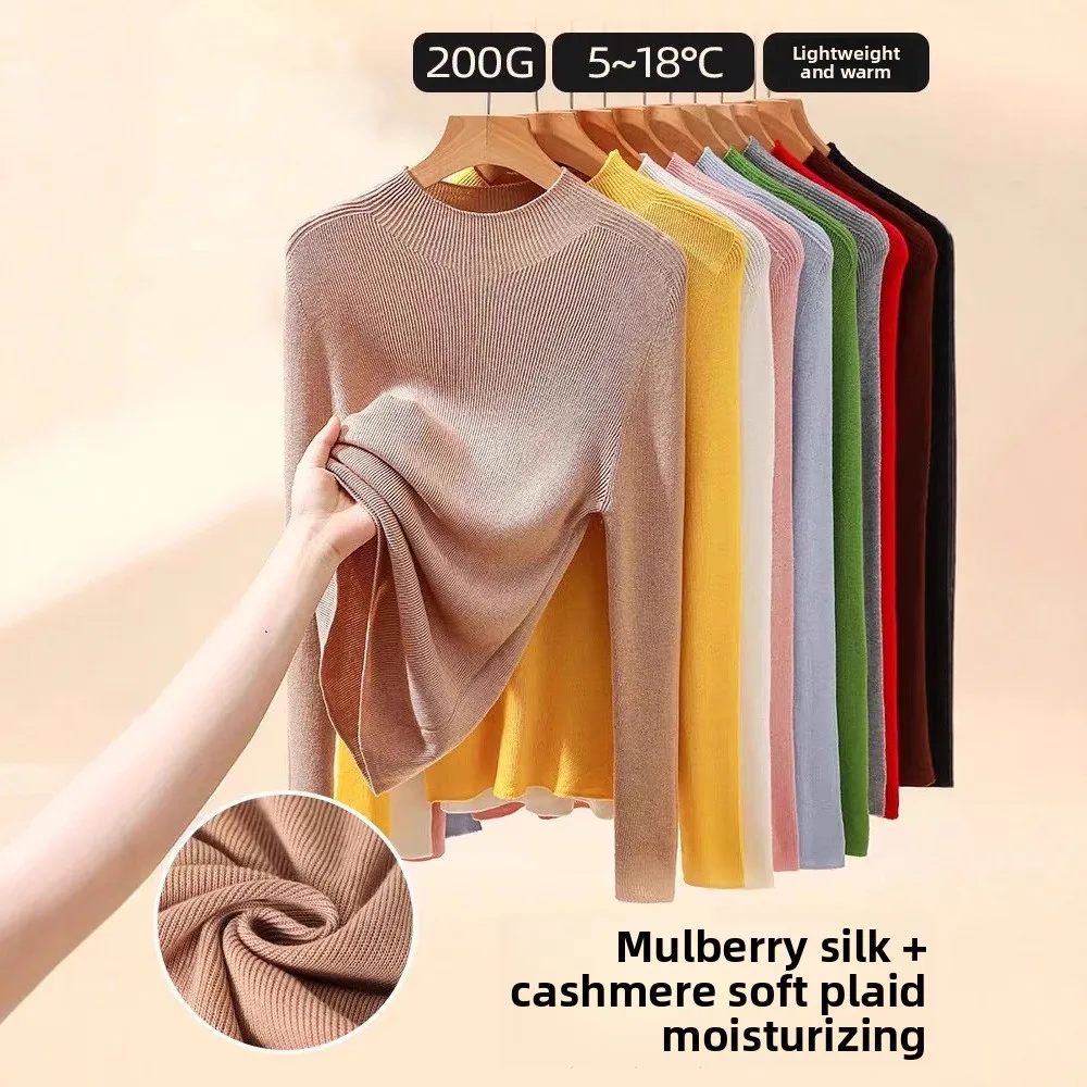Luxury Silk Cashmere Women's Turtleneck Slim Fit Thermal Knitwear Seamless Base Layer Top Sweater Women