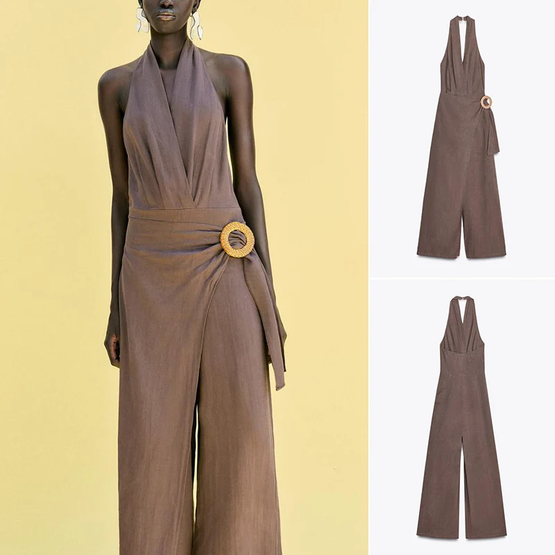 

Новый летний женский длинный цельный костюм из смеси хлопка и льна с воротником, висячим, украшенным пуговицами, брюки с высокой талией для поездок на работу