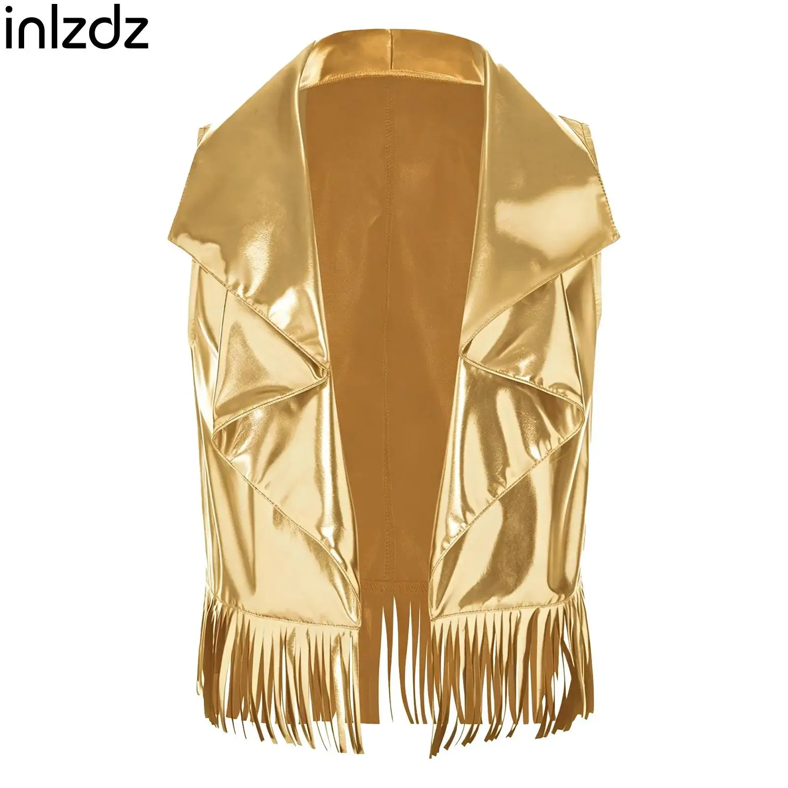 

Child Stage Pageant Performance Tank Top Girls Metallic Shiny Lapel Waterfall Collar Open Front Sleeveless Tassel Trim Vest Top
