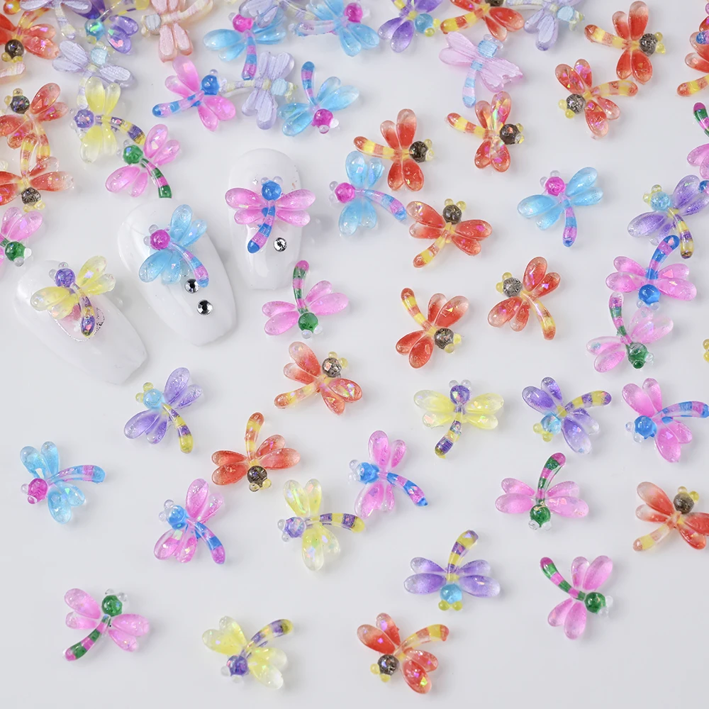 50 pçs 3d bonito colorido libélula prego encantos resina aurora mini libélula inseto strass diy dos desenhos animados decoração da arte do prego