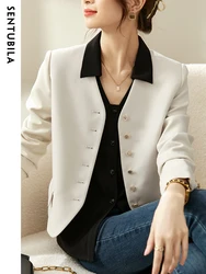 SENTUBILA V Neck Short Blazer Jackets for Women Autumn Elegant Casual Long Sleeve Single Breasted Simple Suit Jacket 123W44463