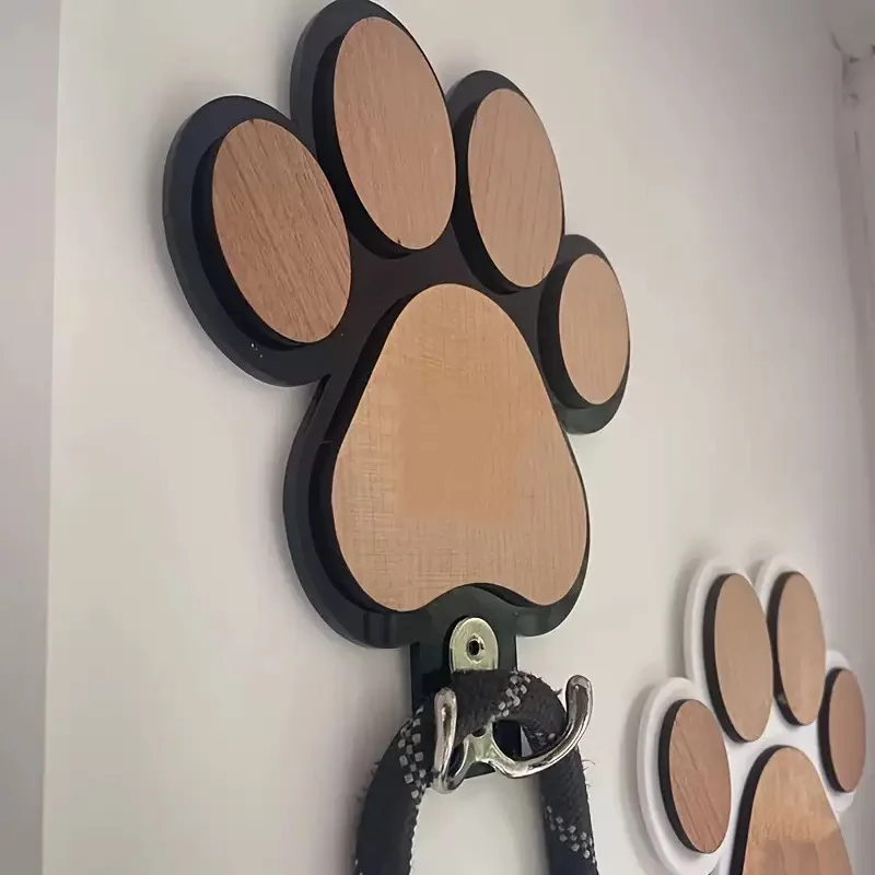 Dog Leash Hanger Wall Hook Wooden Paw Print Holder Coats Collars Claw Design Gift For Dog Lovers Home Decor Pet Accessories - view 2