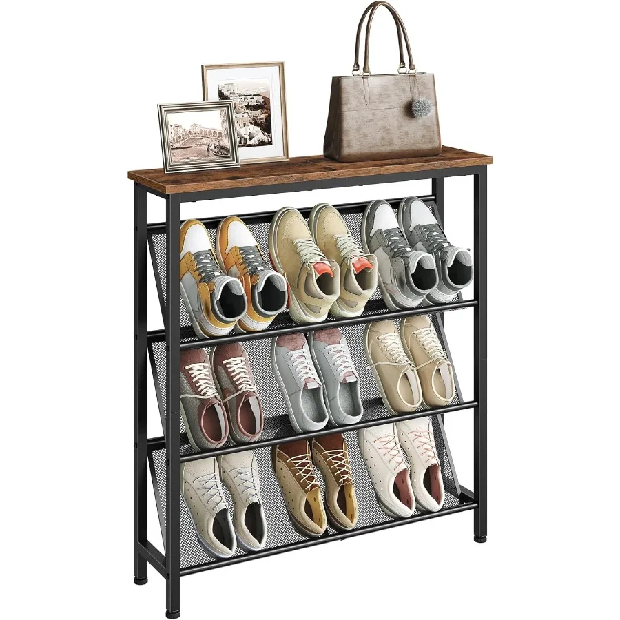 

4-Tier Slanted Shoe Storage Shelf for Entryway Narrow and Slim Shoe Organizer with Wooden Top and Metal Frame in Rustic Brown a