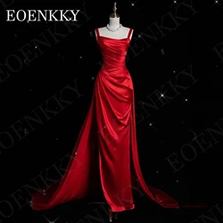 Elegant Satin Evening Dresses Prom Burgundy Split Backless Banquet Party Dress Spaghetti Straps فساتين سهرة Simple Saudi Arabia