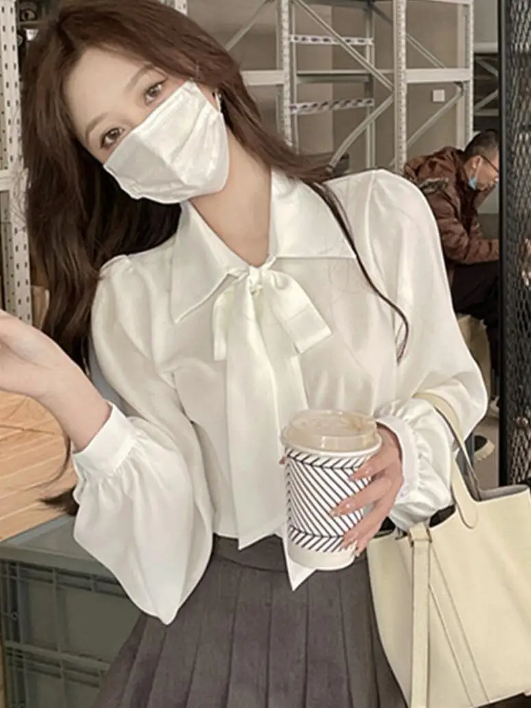 

White Collar Long Sve Women's irt Spring 2024 Loose Fit Knot Design Versatile Inner Wear Sweet Sle Pure Color