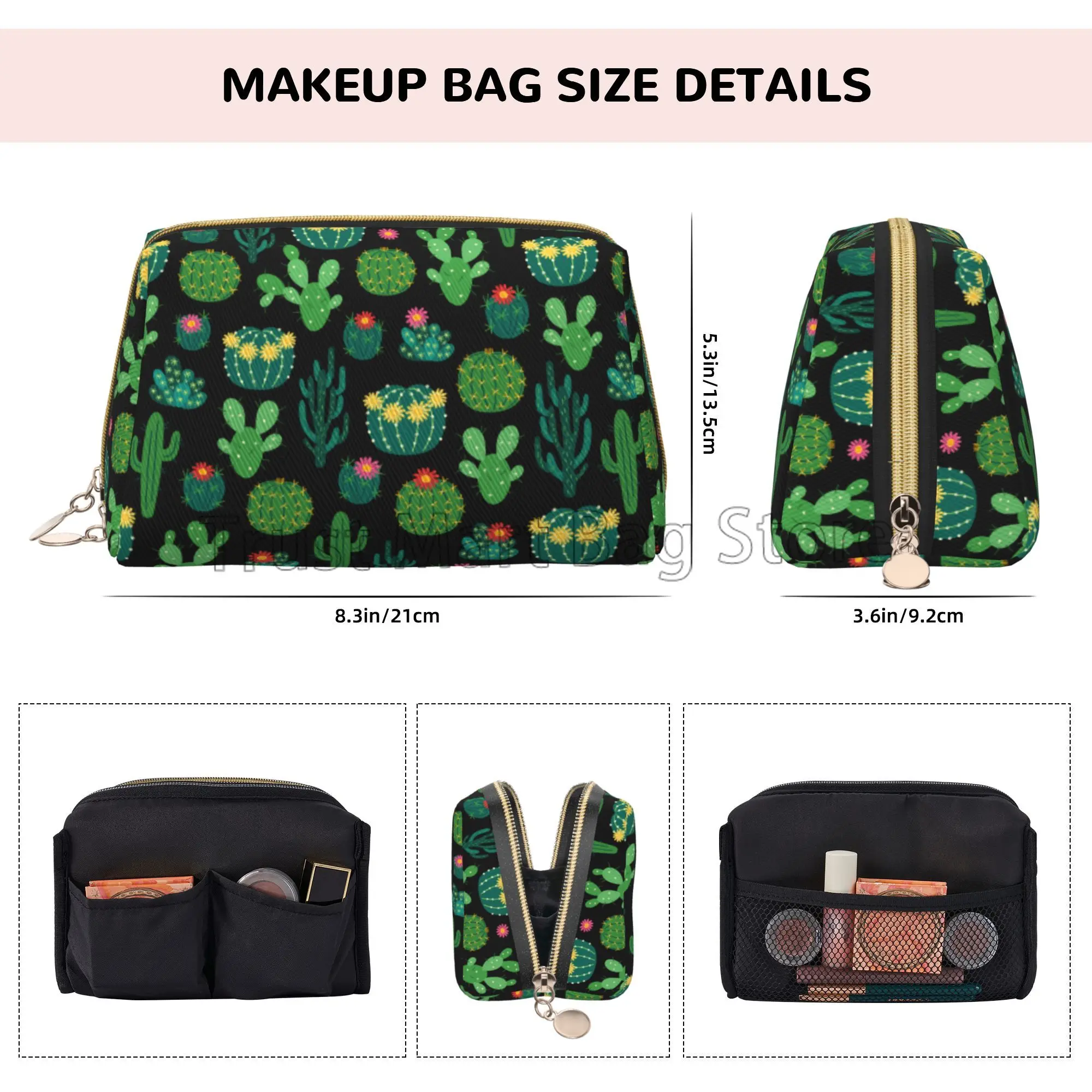 Fresh Blooming Cactus Green Floral Print Cosmetic Organizer Leather Women Travel Toiletry Pouch Cosmetic Bag Portable Makeup Bag