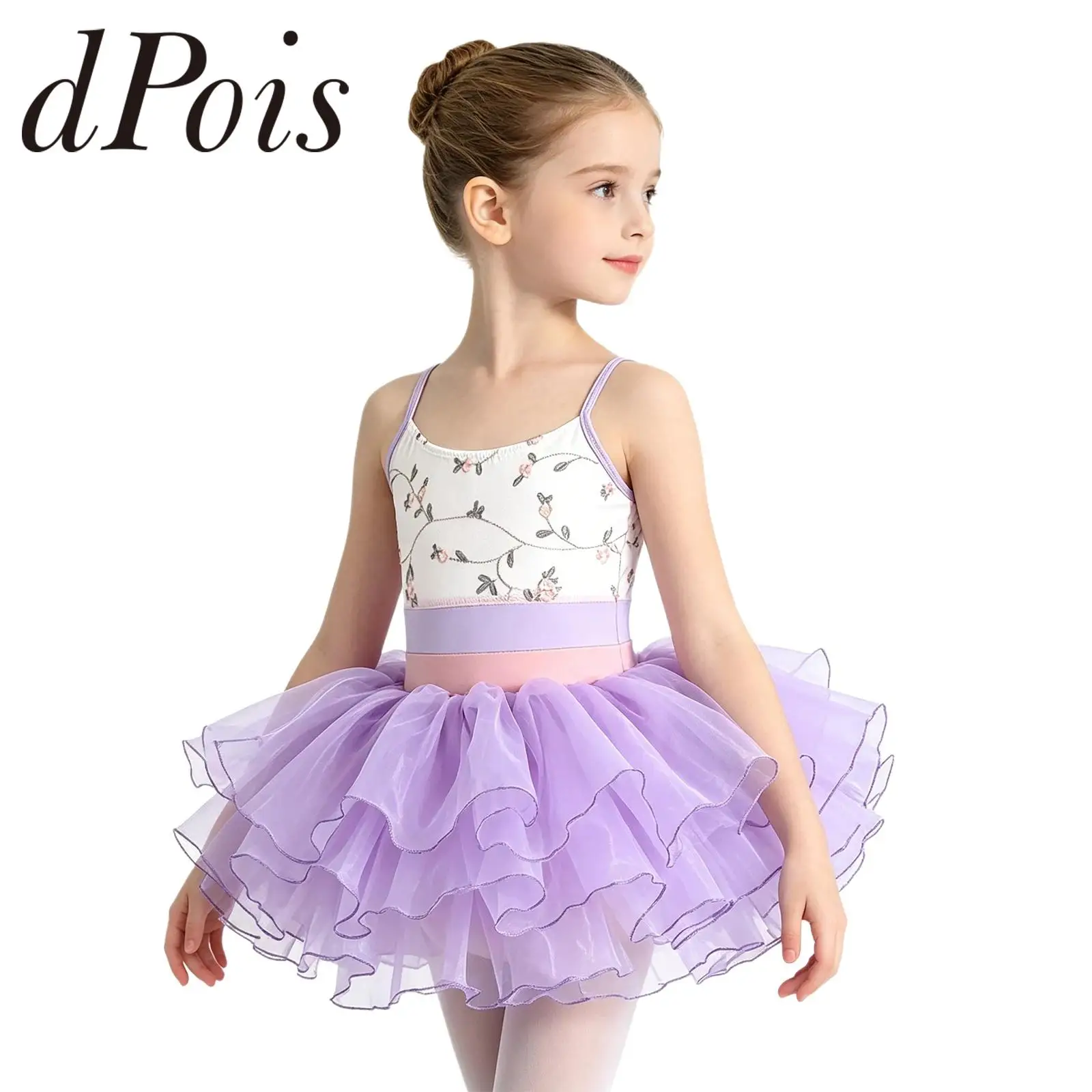 

Kids Floral Spaghetti Straps Skating Leotard with Layered Skirt Practice Stage Performance Clothes Girls Ballerina Dance Outfit