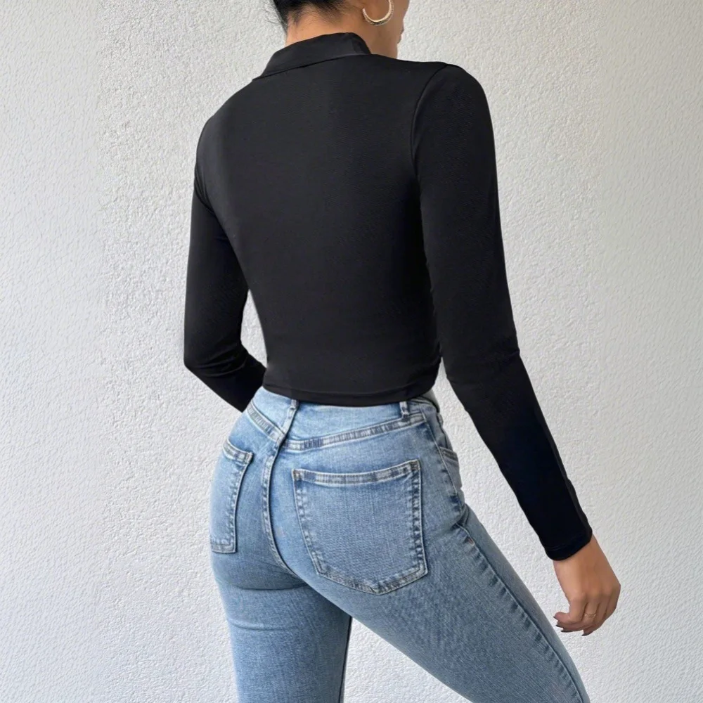 Women's new autumn and winter fashion style casual commuting T-shirt half high neck short crop top with exposed navel