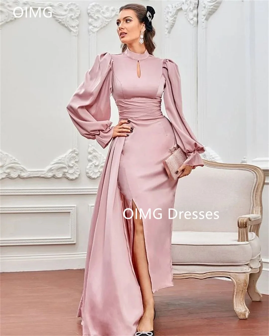 

OIMG Gorgeous Fashion High Neck Pink Prom Dresses Long Puff Sleeves A-Line Satin Vintage Evening Gowns Formal Party Dress