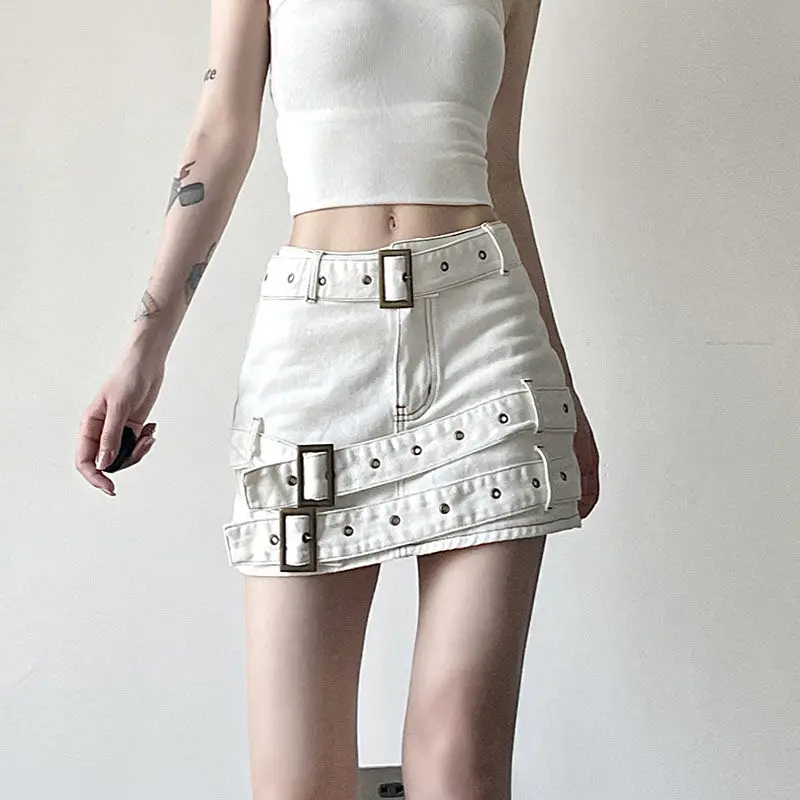 Mini Denim Skirt Multiple Belt Design Punk Denim Slim Fit Short Skirt Summer 2024 New Fashion Spicy Girl Y2k Skirts