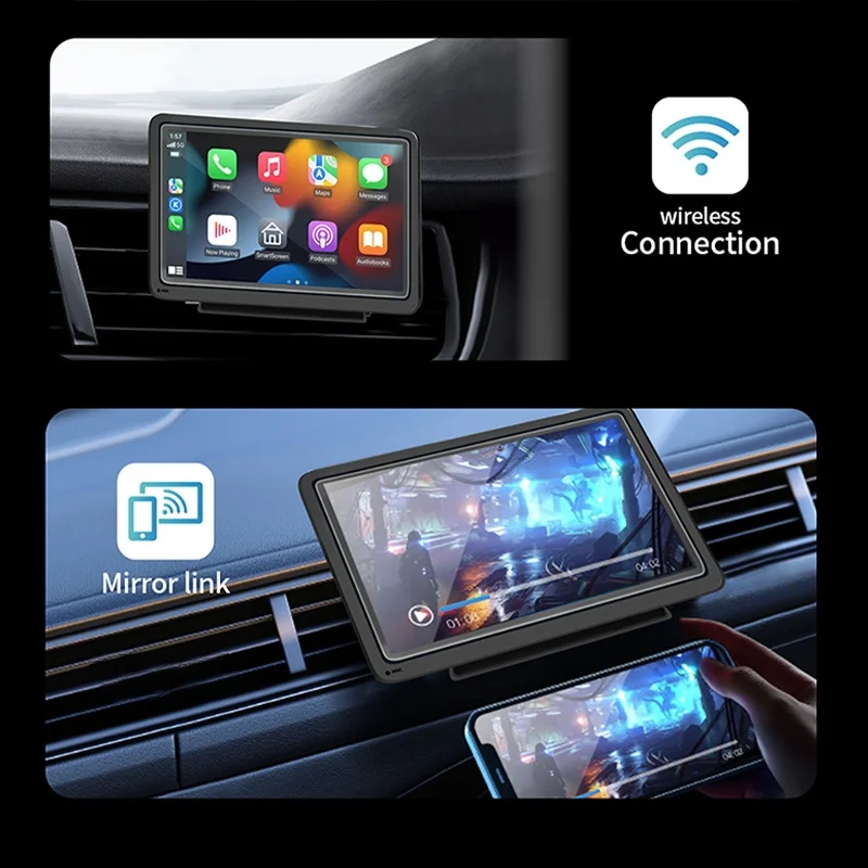 

2026 Новый 7-дюймовый портативный экран с беспроводным/проводным CarPlay, Bluetooth, FM-передатчиком и резервной камерой HD