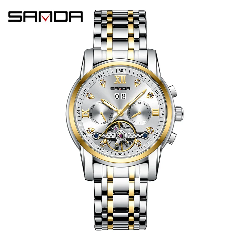 

SANDA Men's Fully Automatic Mechanical Watch with Diamond Set Tourbillon and Hollow out Week Month Calendar Men's Business Watch