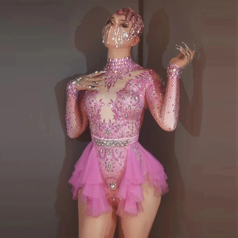 Stage Singer Show dance Leotard glitter Rhinestones pink red Ruffle long sleeve Bodysuit Women nightclub Prom concert costume