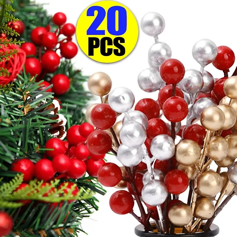 1-20PCS Artificial Holly Berry Branch 7 Head Fake Red Berries Stems Wreath Ornament DIY Wedding Party Christmas Tree Decoration