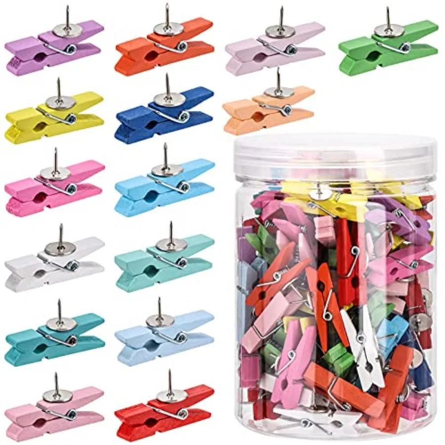

100Pcs Push Pin with Wooden Clips Tacks for Cork Board Artwork for Bulletin Board Crafts Arts Projects Photo Supplies Colorful