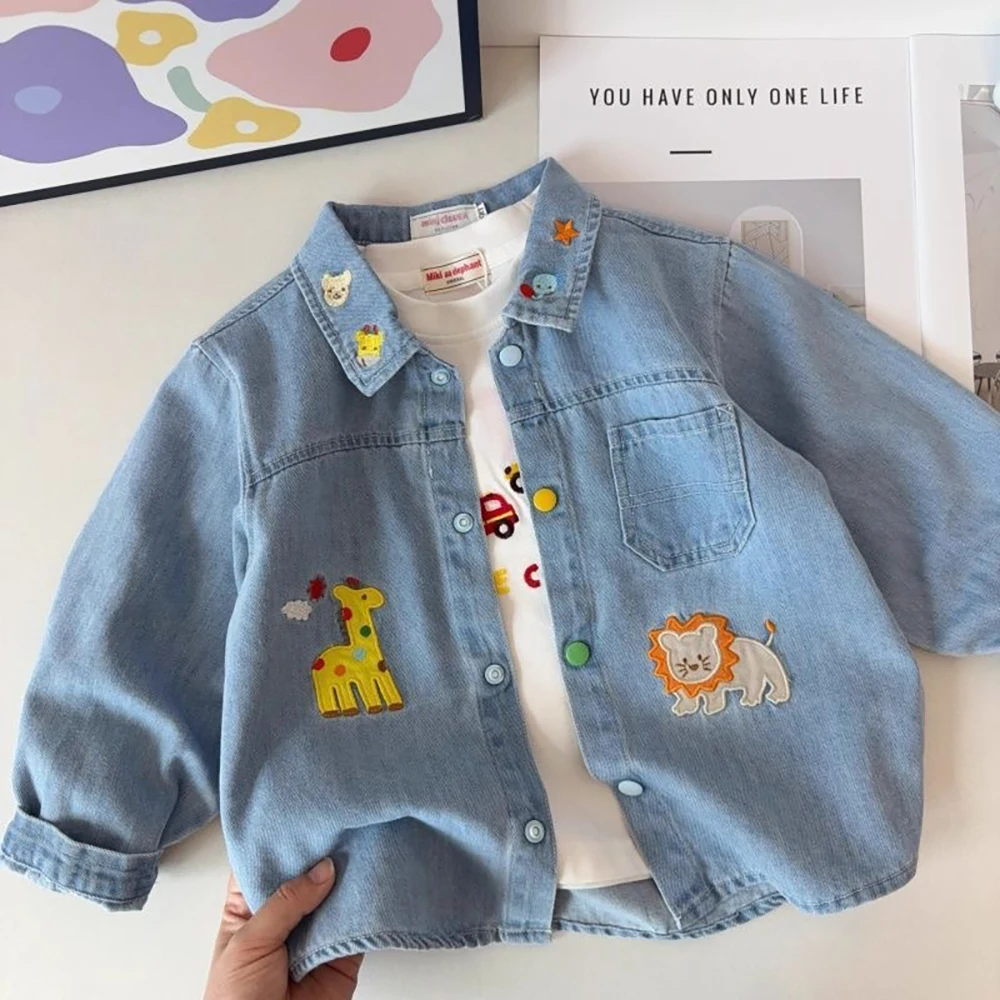 1-5Years Old Kids Denim Shirts Cartoon Embroidery Single Breasted Jean Coats for Boys Spring Autumn Children Clothes Outerwear