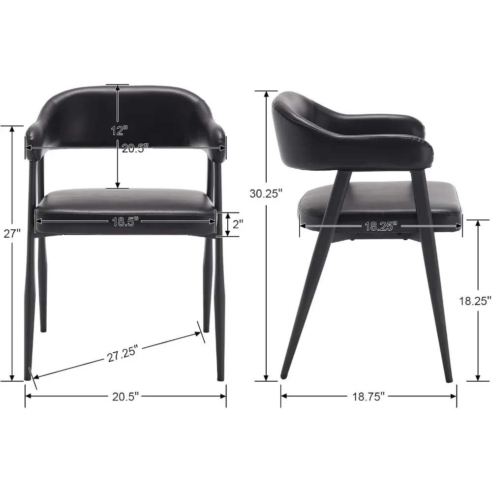 مجموعة من 4 كراسي طعام حديثة من الجلد الأسود في منتصف القرن مع أرجل معدنية سوداء ومساند ظهر منحنية