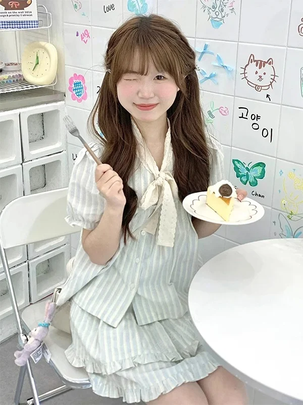 

Korean Striped Bubble Sleeve Short Sleeve Shirt Top Skirt Set Women Summer New Sweet Small Size Two Piece Set Fashionable Ens...