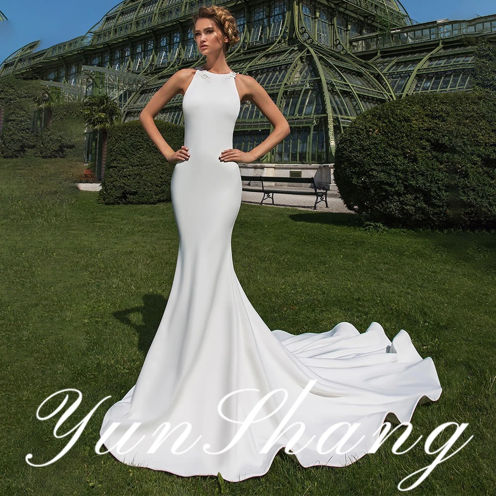 

YunShang Customized Halter Neck Mermaid Wedding Dress Open Back Lace Embroidered Bridal Gown Train Elegant Design Timeless Silho